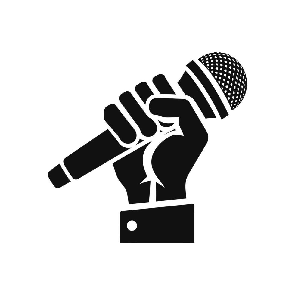 a black and white image of a hand holding a microphone press freedom concept vector