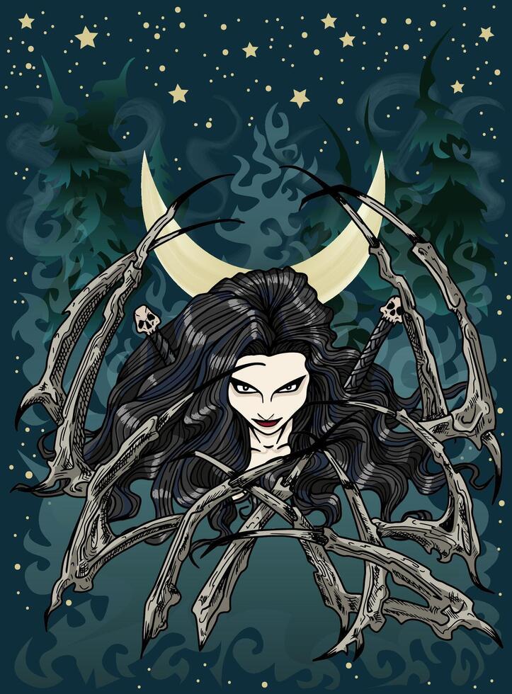 Fantasy vector illustration with beautiful woman as demon in the darkness against background of moon, scary forest, mist and night sky with stars, cartoon flat design art