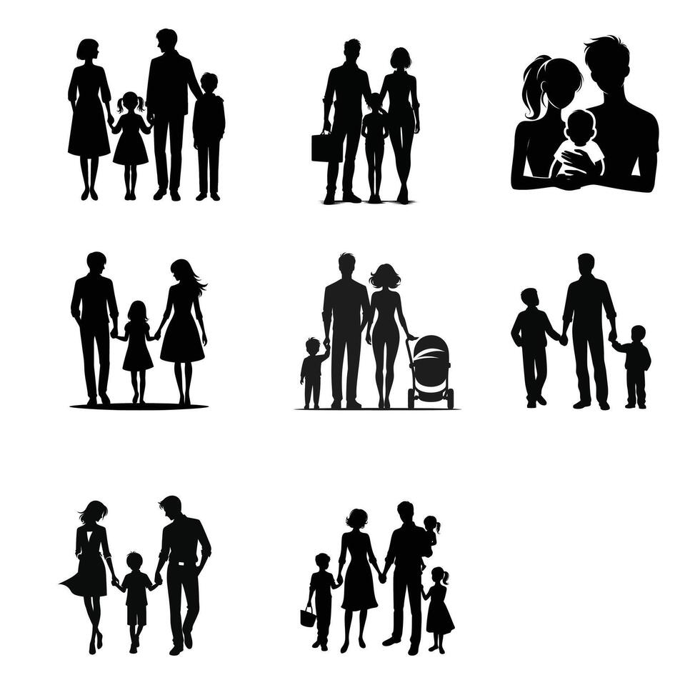 Collection of family silhouettes on isolated background Vector illustration