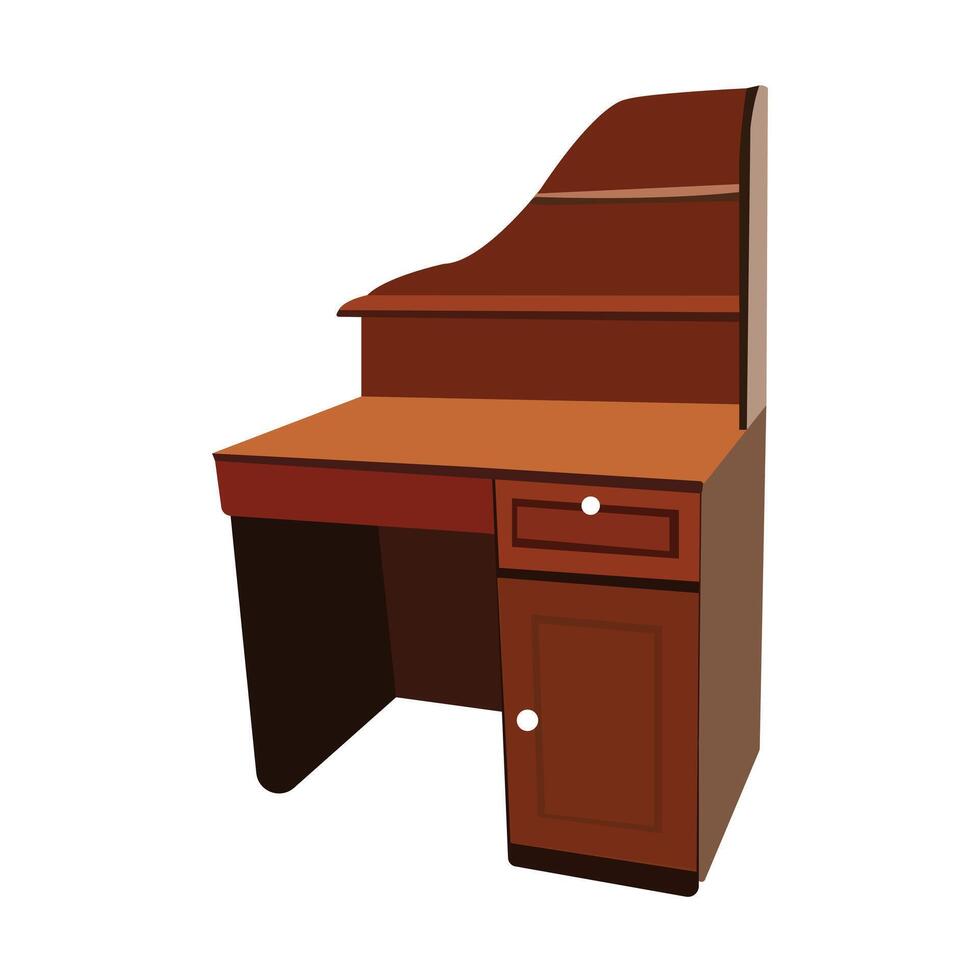 Tables furniture of wood, interior wooden desks. Office plastic stage. Dining wooden tabletop. vector