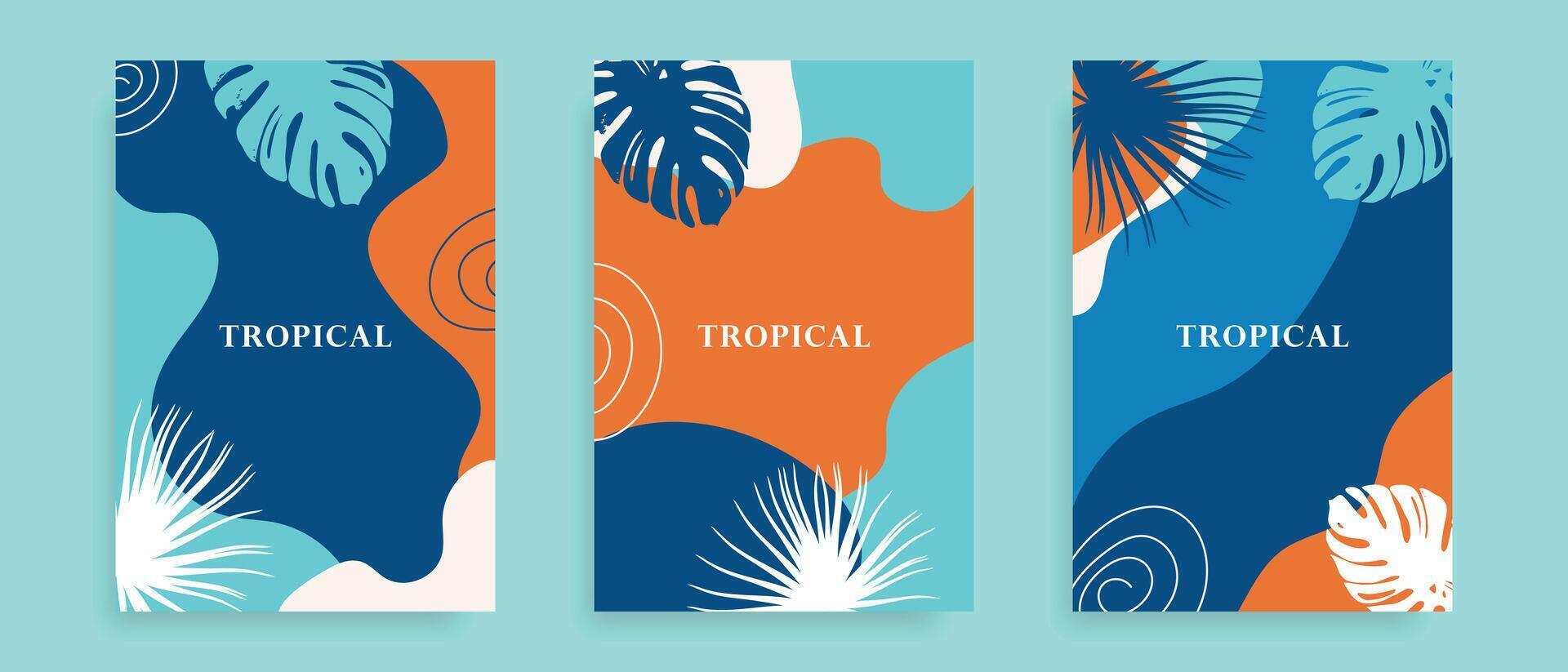 conjunto de pancartas con tropical hojas en azul y naranja colores. tropical antecedentes para publicidad, venta, volantes. vector