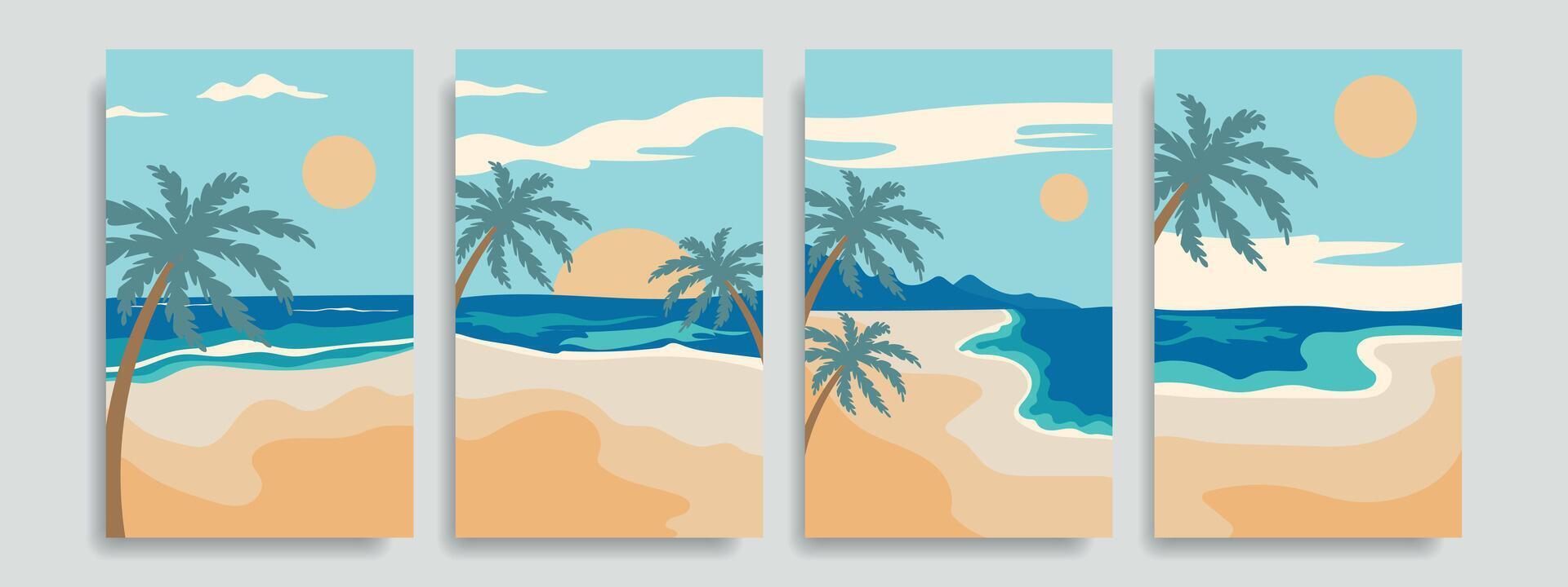 verano playa paisaje. hermosa paisaje de arenoso playas con palma árboles, mar con ondas. vector