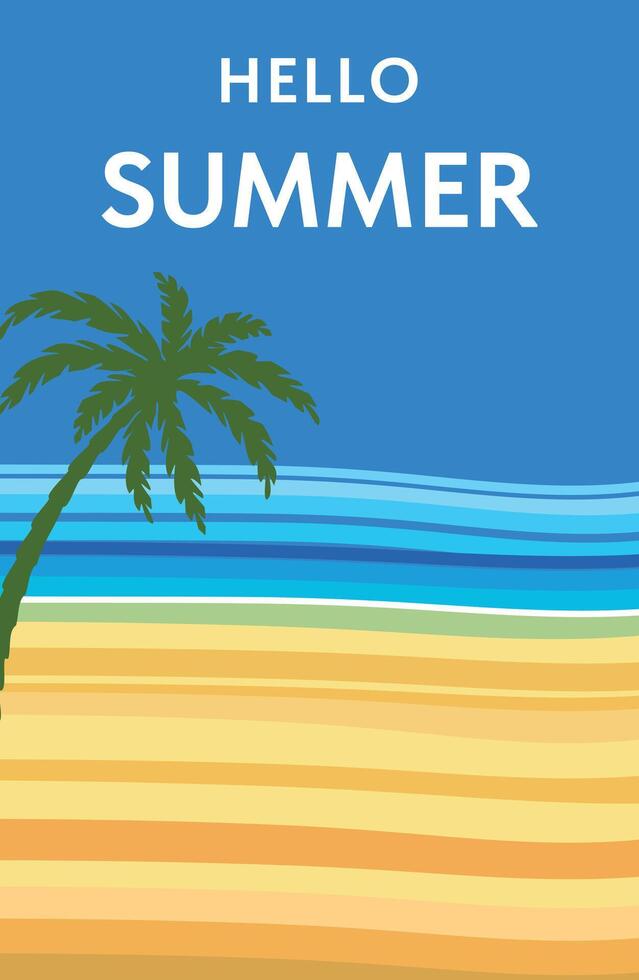 cubrir, póster, póster - Hola verano. verano antecedentes con mar y palma árbol. vector