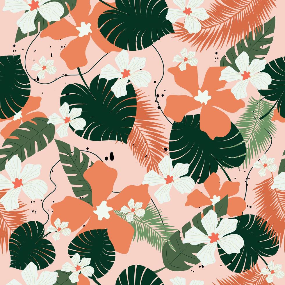Tropical summer seamless pattern with palm leaves and flowers. vector