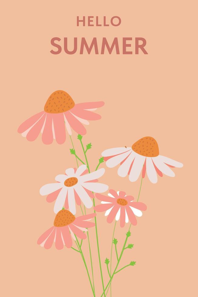 Cute card with daisies Hello Summer. vector