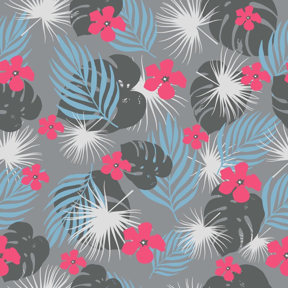 Tropical seamless pattern with palm leaves and flowers. vector
