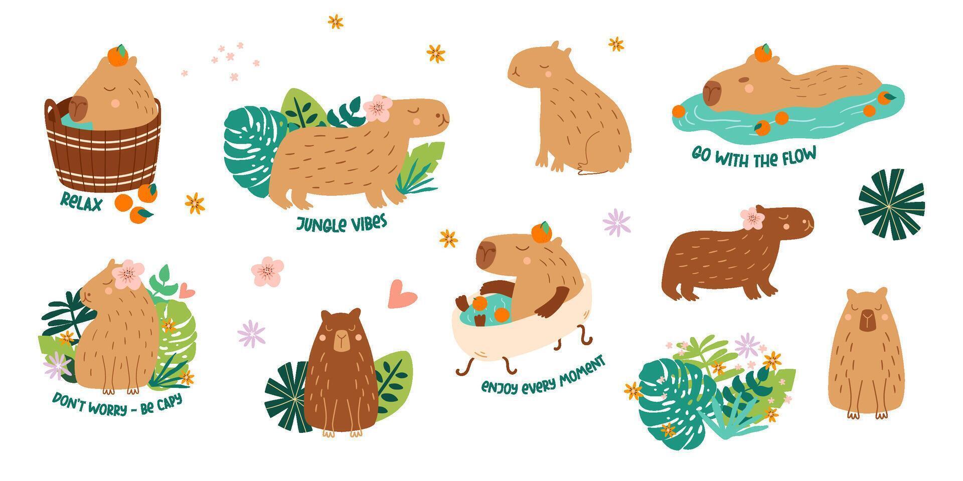Capybara cartoon set. Cute capybara animal swimming, taking bath with tangerines, framed jungle leaves. Funny vector collection positive phrases, stickers, logo, isolated elements in childish style.