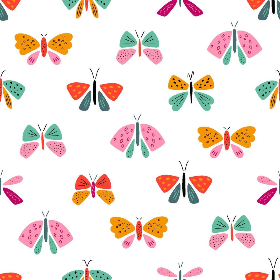 verano mariposa modelo. linda infantil volador insecto repetir fondo, vistoso textil diseño. sencillo mano dibujado dibujos animados mariposas para niños, tela, textil, tarjeta, envase vector ilustración