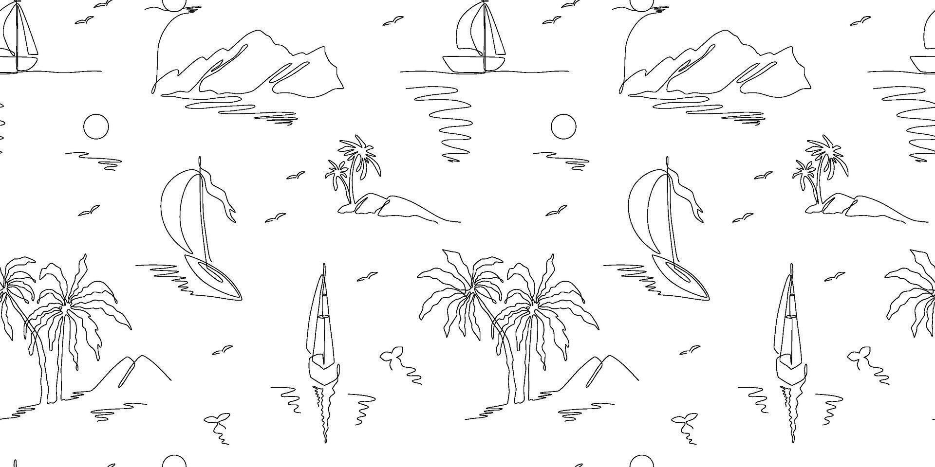 Summer sailing seamless pattern in one line drawing style. Vector black and white sea, island, coconut palm tree, yacht illustration hand drawn continuous art. Minimal print, fabric, textile design.