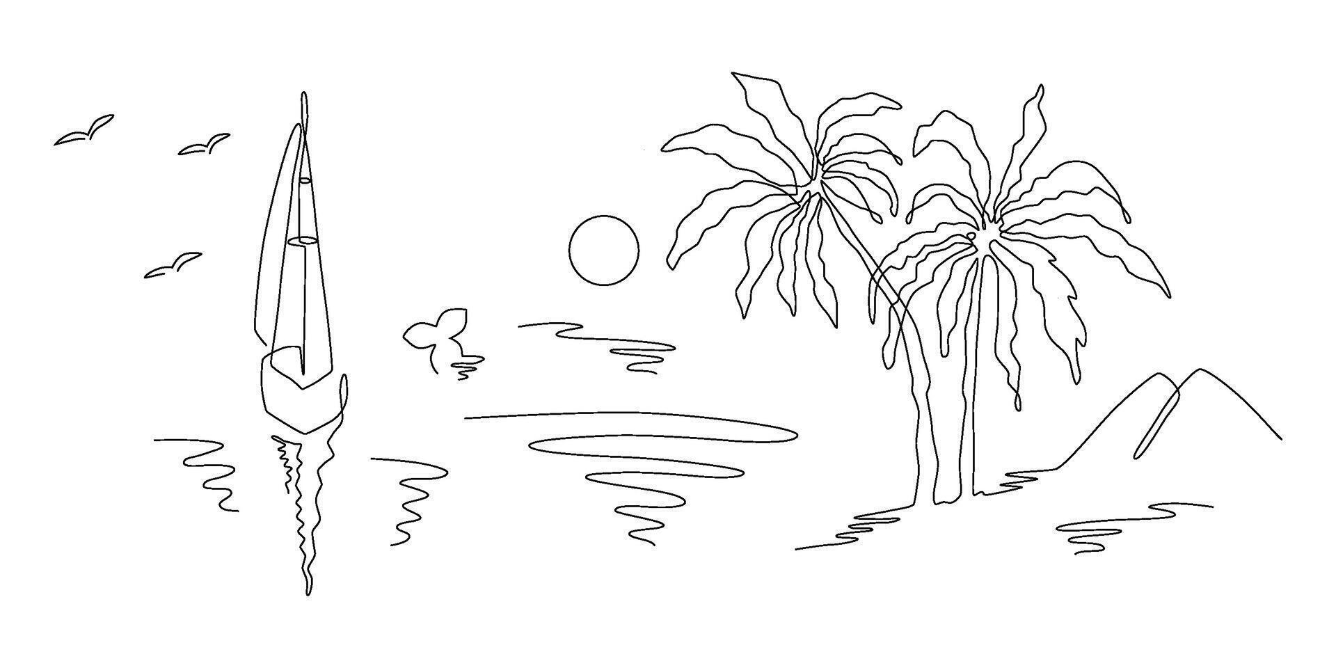 verano vacaciones en línea dibujo vector. zona tropical isla, yate, mar ondas, atardecer, palma árbol en continuo línea ilustración. resumen tropical paisaje, océano, Embarcacion mínimo póster, plantilla, bandera. vector