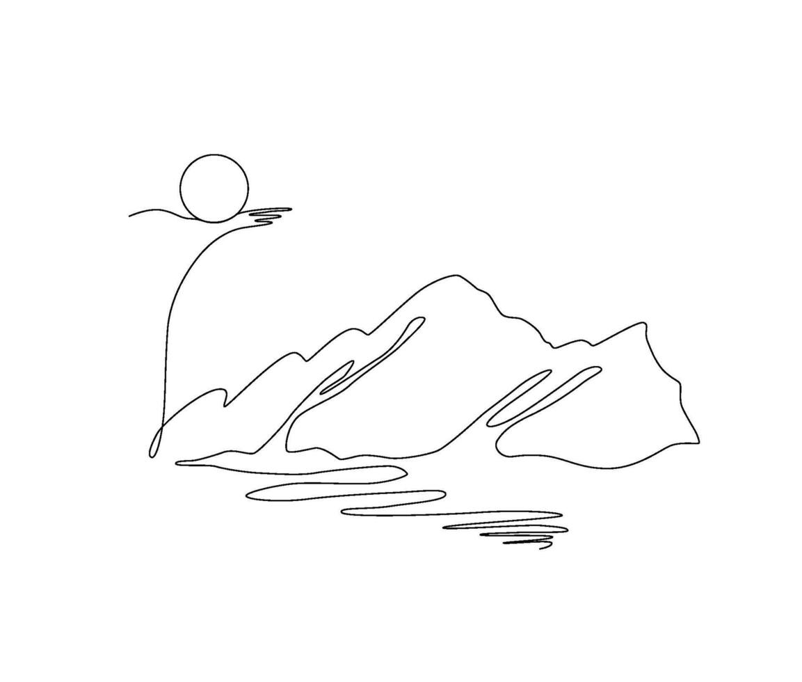 Mountain landscape, sun and sea one continuous line drawing Vector travel minimalist concept. Linear art scene, nature, outline design, black contour, adventure design for posters, logo illustration.