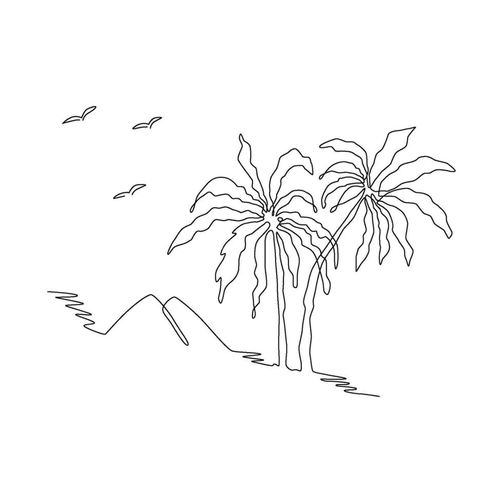 Palm tree in one continuous line drawing. Vector tropical landscape, seagulls, hills, sea cost illustration. Travel, summer vacation, adventure graphics hand drawn in black single line, minimal style.