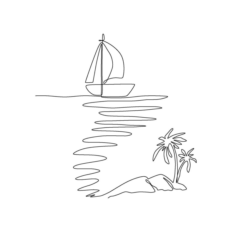One continuous line drawing of yacht sailing on sea, island, palms. Vector simple one line landscape illustration. Ocean surface scene for minimal poster, template, adventure or vacation card design.