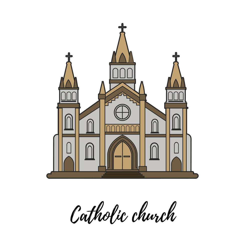 Catholic church on a white background. Vector illustration. Simple lines, great for any designs, for web.