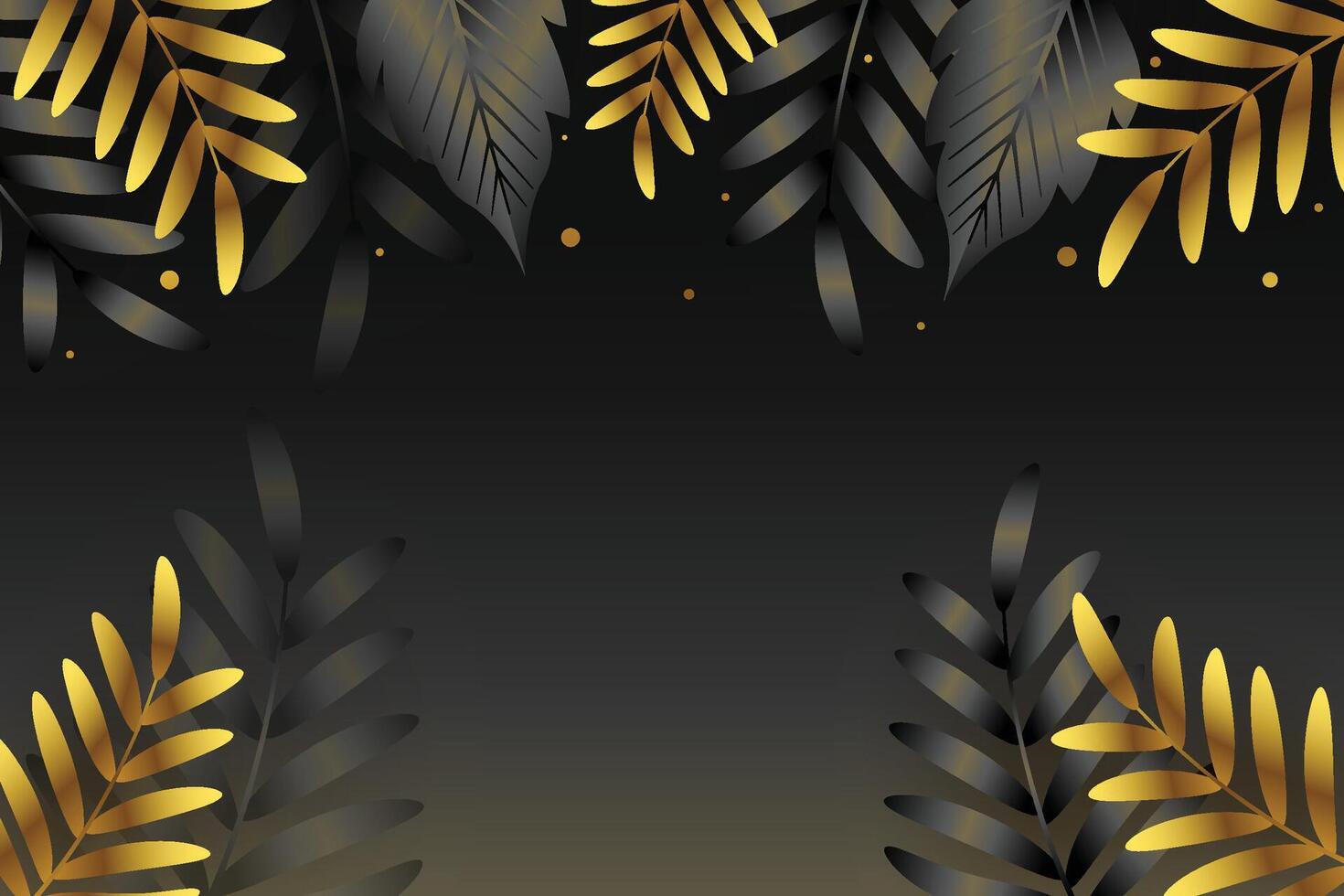 Black and golden tropical leaves on dark background. Luxury exotic botanical design. Wall art design. Vector illustration.