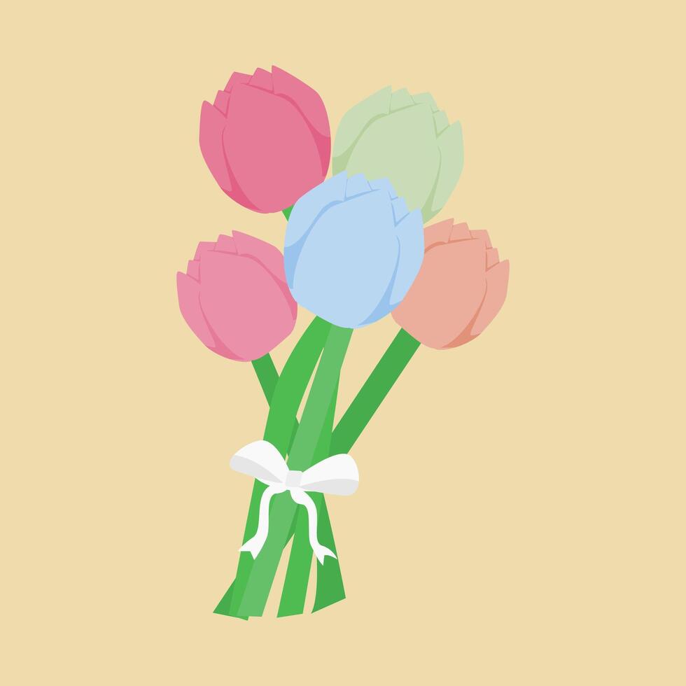a bouquet of colorful tulips with a white ribbon on a beige background vector