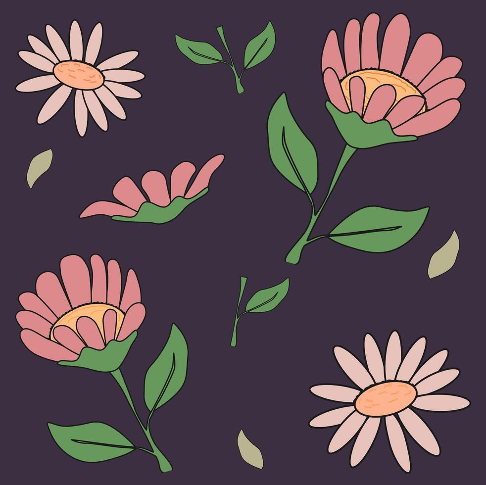 seamless pattern with daisy pink flowers and leaves vector