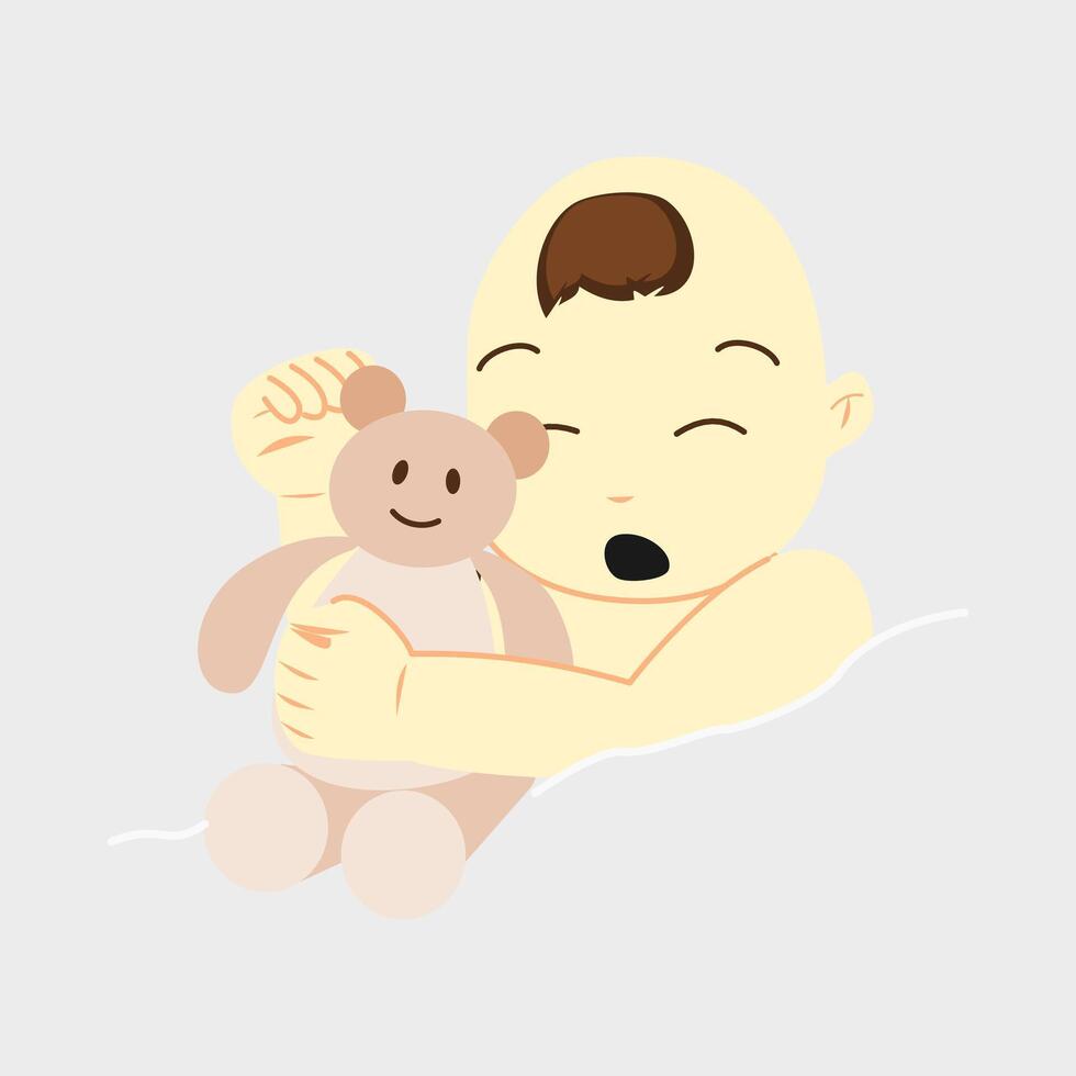 illustration of sleeping baby hugging doll vector