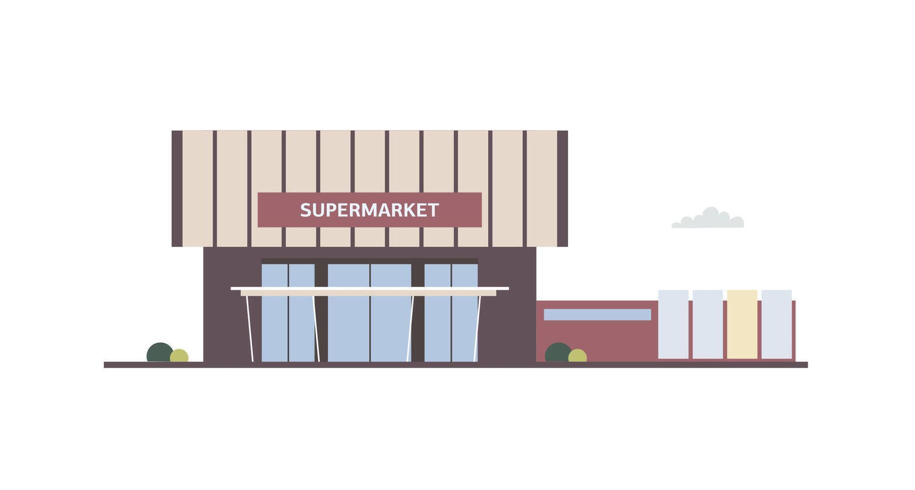 edificio de compras centro, centro comercial, toma de corriente Tienda con grande ventanas y toldo construido en contemporáneo minimalista arquitectónico estilo. comercial propiedad o real bienes. plano vector ilustración.
