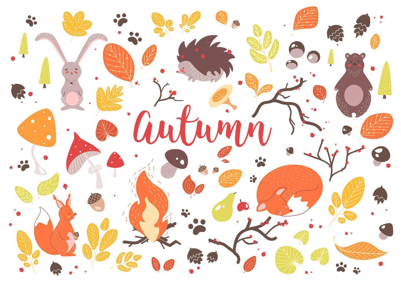 Collection of colorful autumn leaves, branches, cones, acorns, nuts, fruits, berries, mushrooms, burning bonfire and cute cartoon forest animals isolated on white background. Vector illustration.