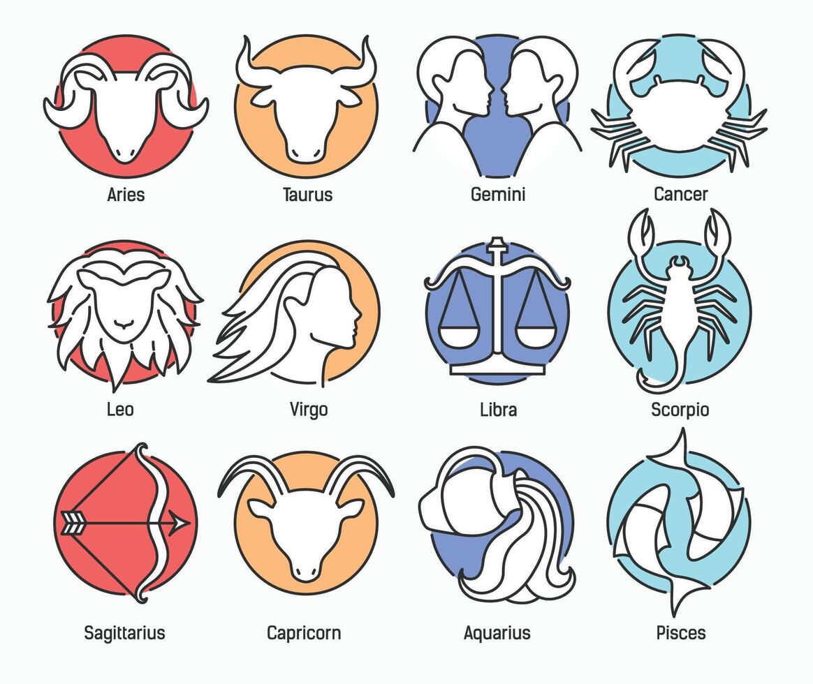 Collection of zodiac signs isolated on white background and indicated by colors of classical elements - fire, earth, air, water. Astrological constellation symbols. Colorful vector illustration.