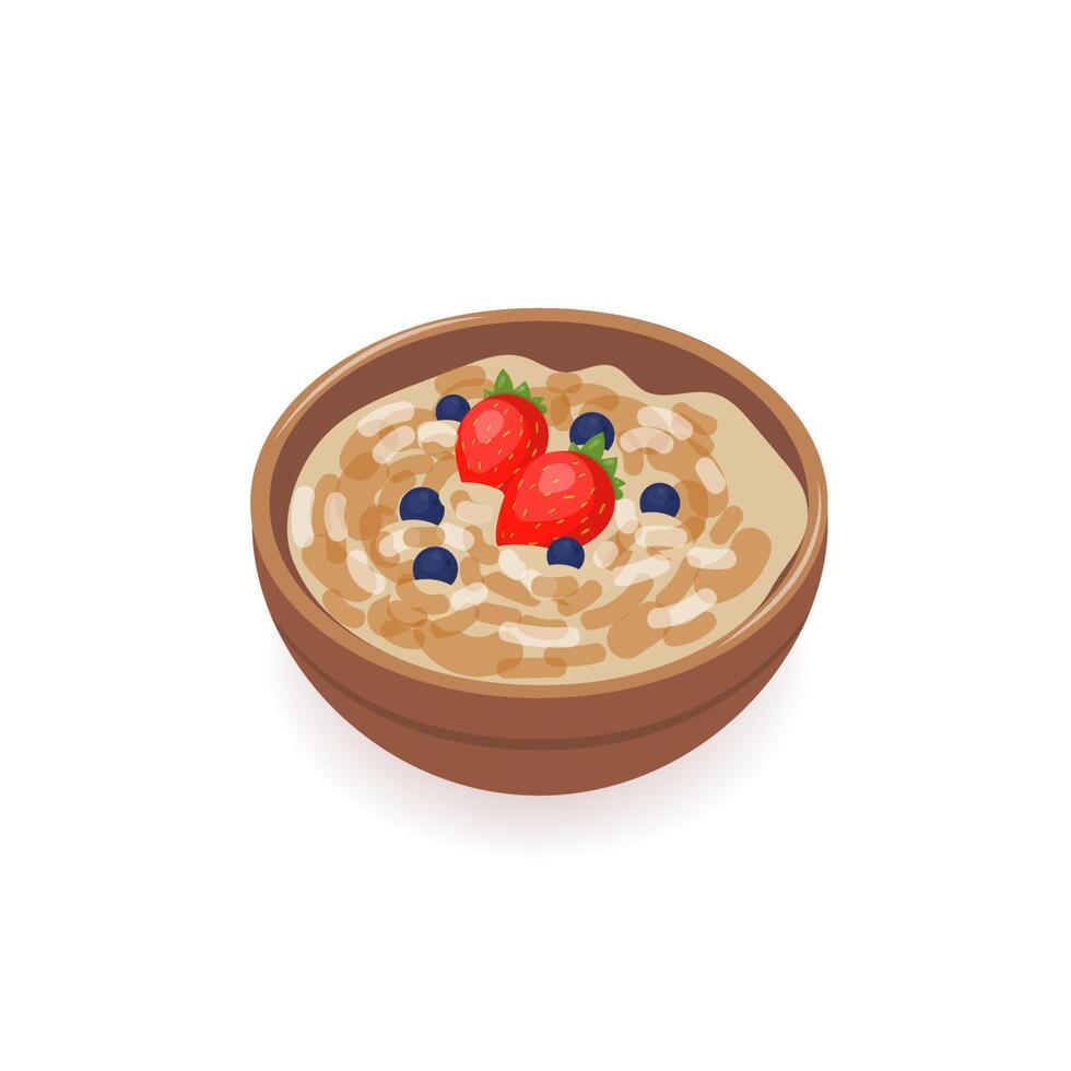 Bowl of delicious oat porridge decorated with fresh strawberries and blueberries isolated on white background. Tasty homemade cereal dish, healthy breakfast meal, morning food. Vector illustration.