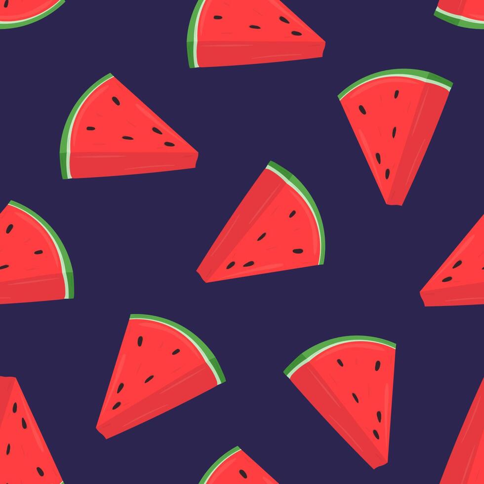 Colorful seamless pattern with pink slices of fresh watermelon on purple background. Backdrop with summer delicious refreshing fruits. Vector illustration for wrapping paper, textile print, wallpaper.