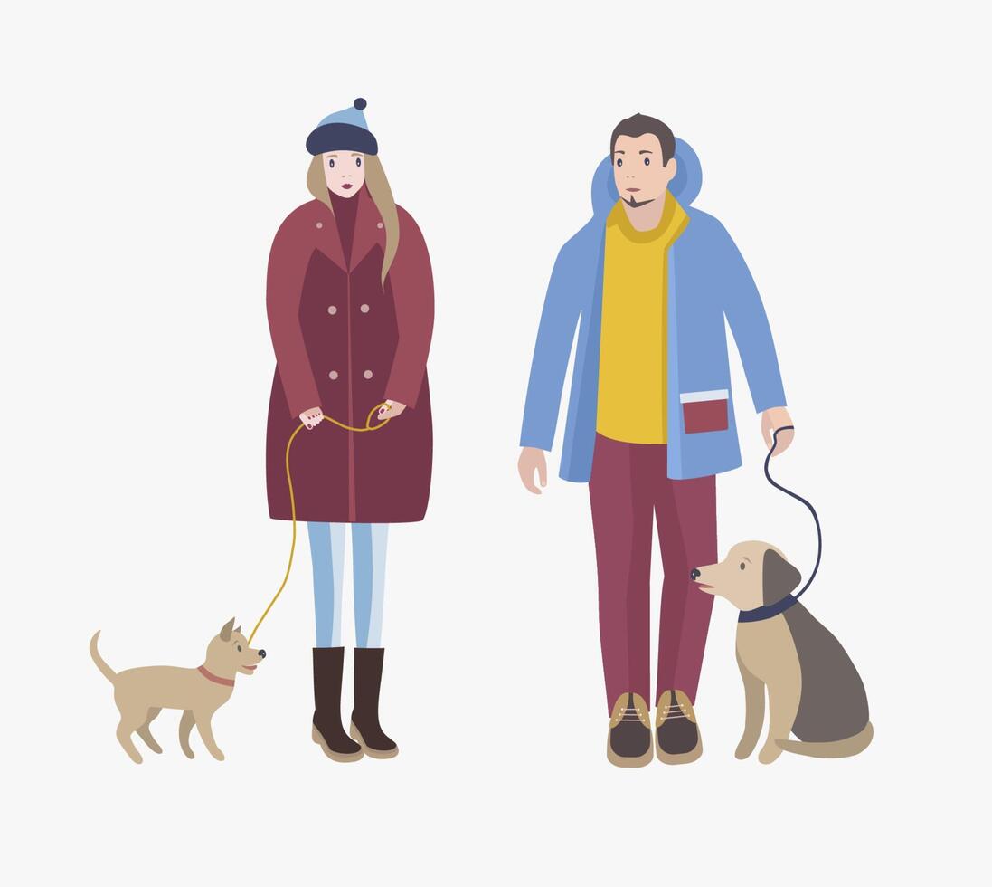 Man and woman dressed in winter clothing standing, holding their dogs in leashes and looking at each other. Cartoon characters with pets isolated on white background. Colored vector illustration.