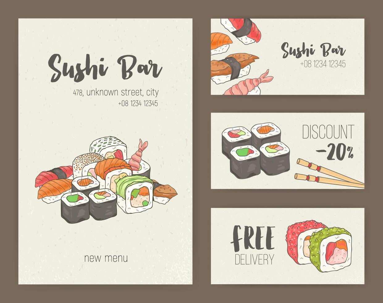 colección de vistoso volantes plantillas con japonés Sushi y rollos especial comida ofertas, descuentos y ofertas vector ilustración para asiático restaurante o comida entrega Servicio anuncio publicitario.