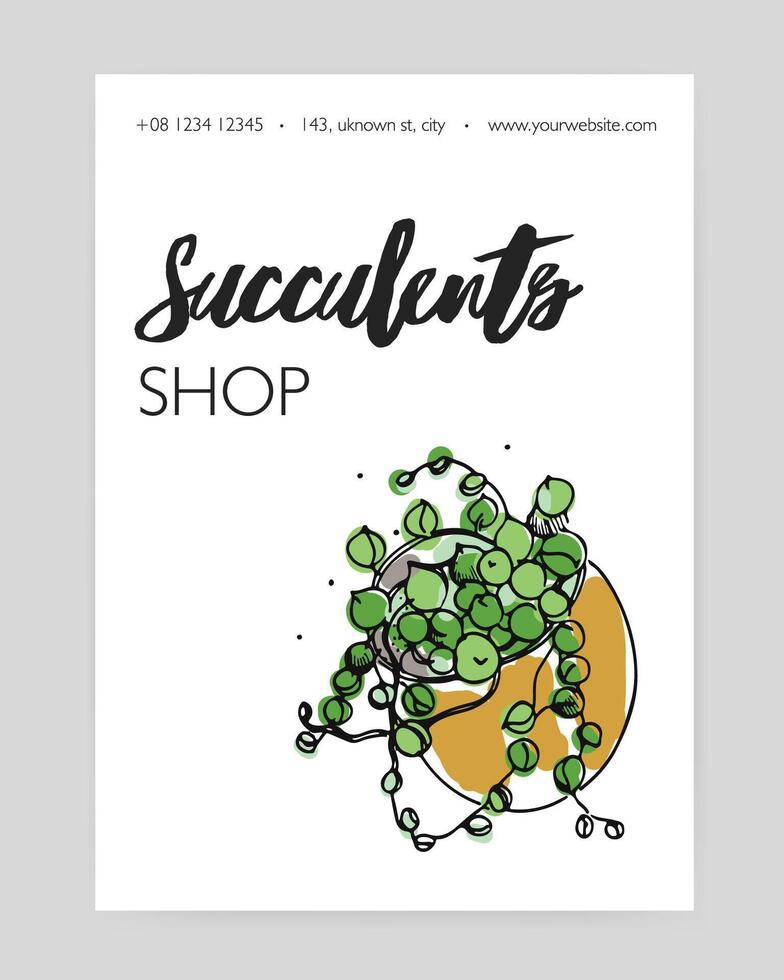 Flyer template with green succulent growing in pot hand drawn on white background. Decorative desert houseplant, indoor plant decoration. Vector illustration for floristry shop advertisement.