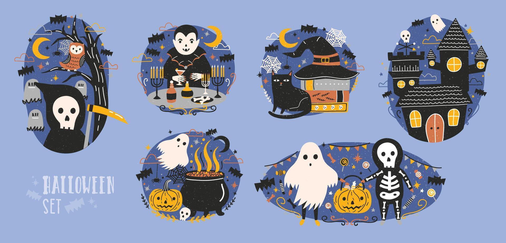 Collection of Halloween scenes with cute and funny fairy cartoon characters - grim reaper, vampire, ghost, Jack-o'-lantern or pumpkin lantern, owl, black cat. Flat colorful vector illustration.