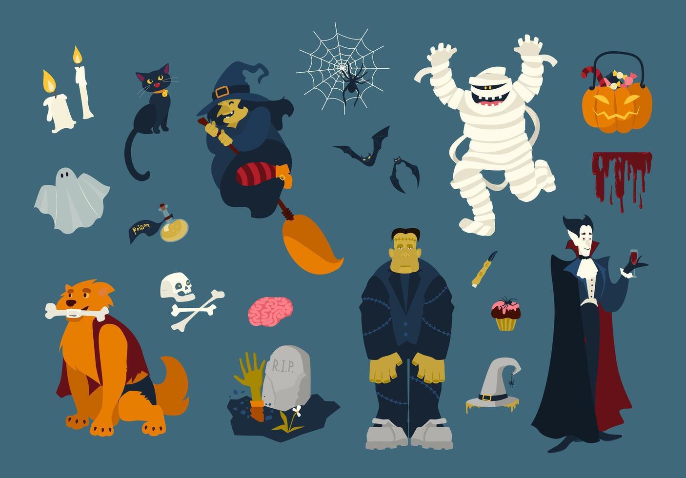 Big collection of funny and spooky Halloween cartoon characters - zombie, mummy, ghost, witch flying on broom, black cat, dead, vampire, spider on web, bats. Festive colorful flat vector illustration.