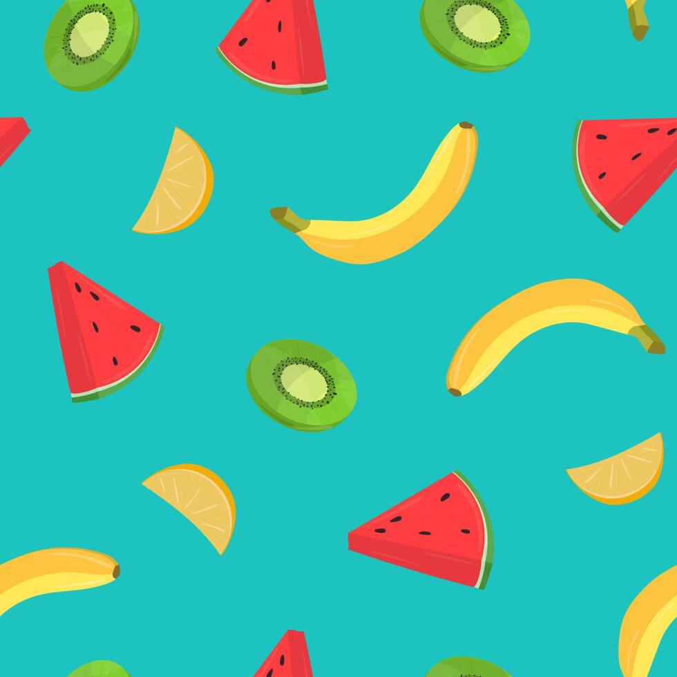 Beautiful seamless pattern with bananas and pieces of orange, kiwi, watermelon on blue background. Backdrop with juicy tropical fruits. Colored vector illustration for wrapping paper, fabric print.