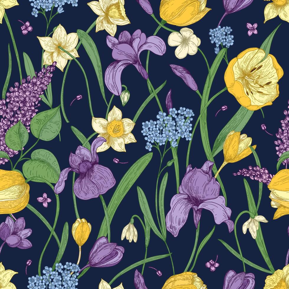 Elegant floral seamless pattern with beautiful spring flowers on dark background. Gorgeous blooming plants. Colorful botanical vector illustration for wallpaper, fabric print, wrapping paper.