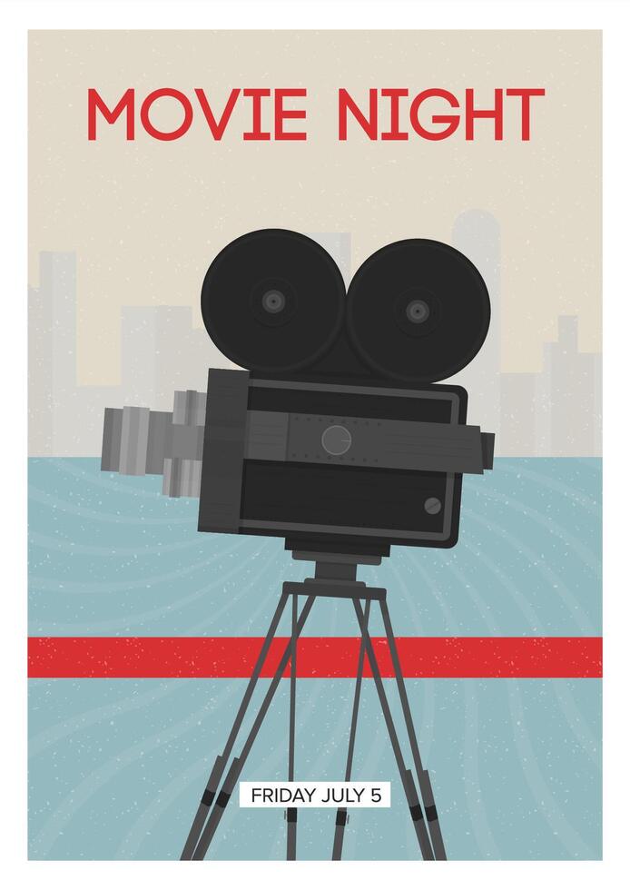 moderno póster o volantes modelo para película noche, estreno o cine festival espectáculo hora con retro película cámara o proyector en pie en trípode. vistoso vector ilustración para evento anuncio.