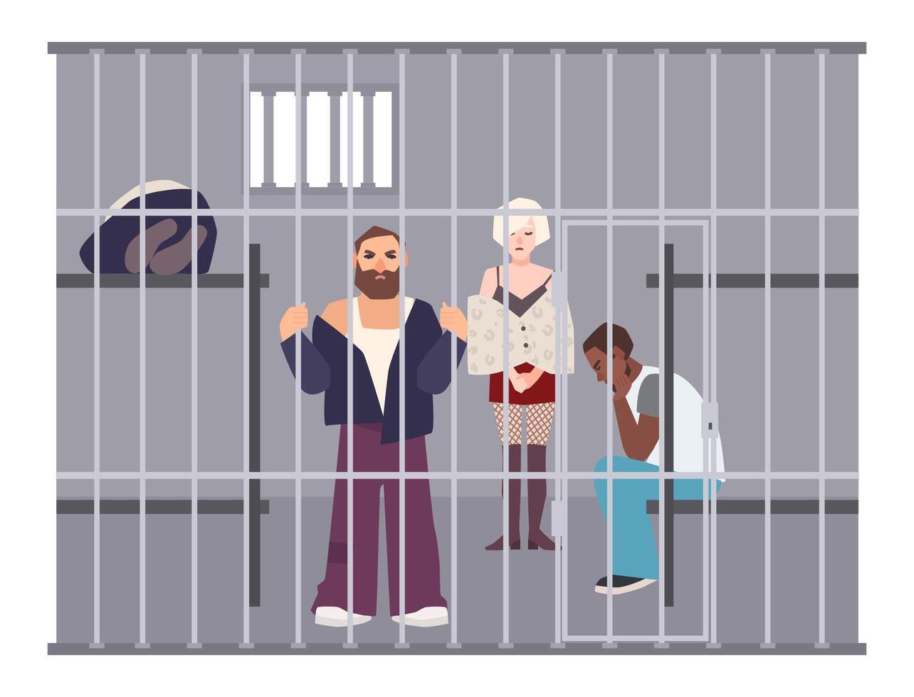 Criminals in cell at police station or jail. Prisoners locked up in room with metal grid. Offenders or arrested people in detention center. Flat cartoon characters. Colorful vector illustration.