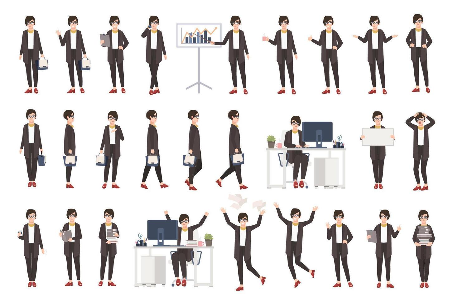 Business woman or female office worker dressed in smart clothing in different postures, moods, situations and expressing various emotions. Flat cartoon character. Colorful vector illustration.