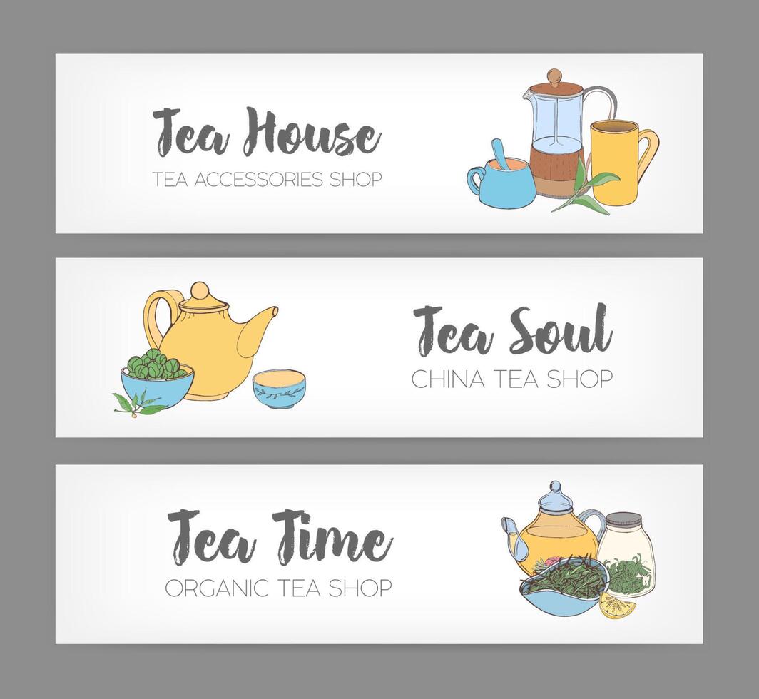 Bundle of colorful horizontal banners with hand drawn french press, cups, mugs, teapot and different types of organic tea on white background. Vector illustration for shop or teahouse advertisement.