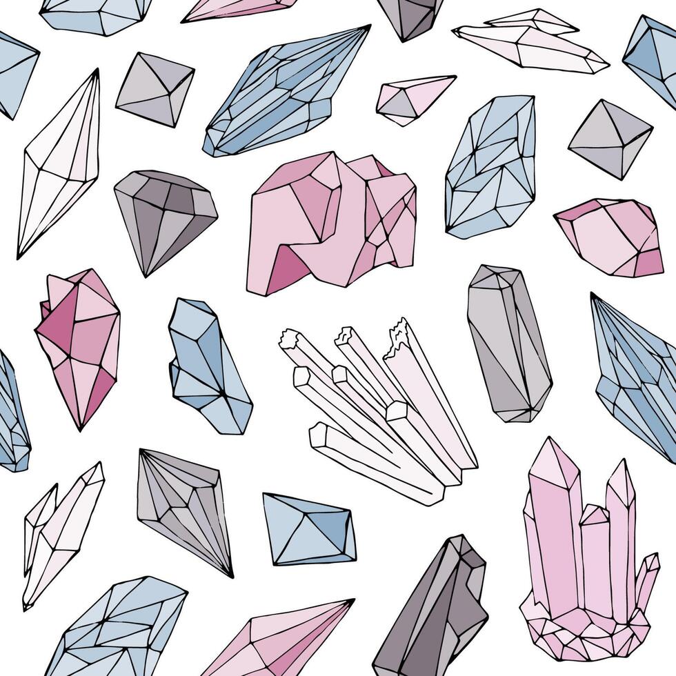 Colorful seamless pattern with gorgeous natural gemstones, mineral crystals, precious and semiprecious faceted stones hand drawn on white background. Vector illustration for wallpaper, fabric print.