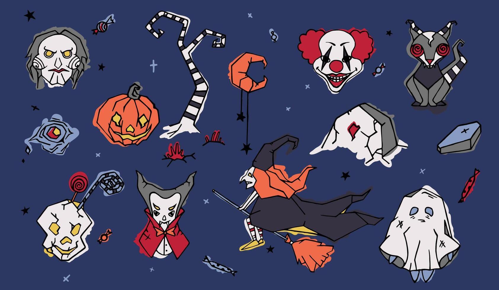 Big set of spooky Halloween cartoon characters hand drawn in doodle style - evil clown, puppet, witch flying on broom, vampire Jack-o'-lantern, vampire, ghost. Holiday colorful vector illustration.