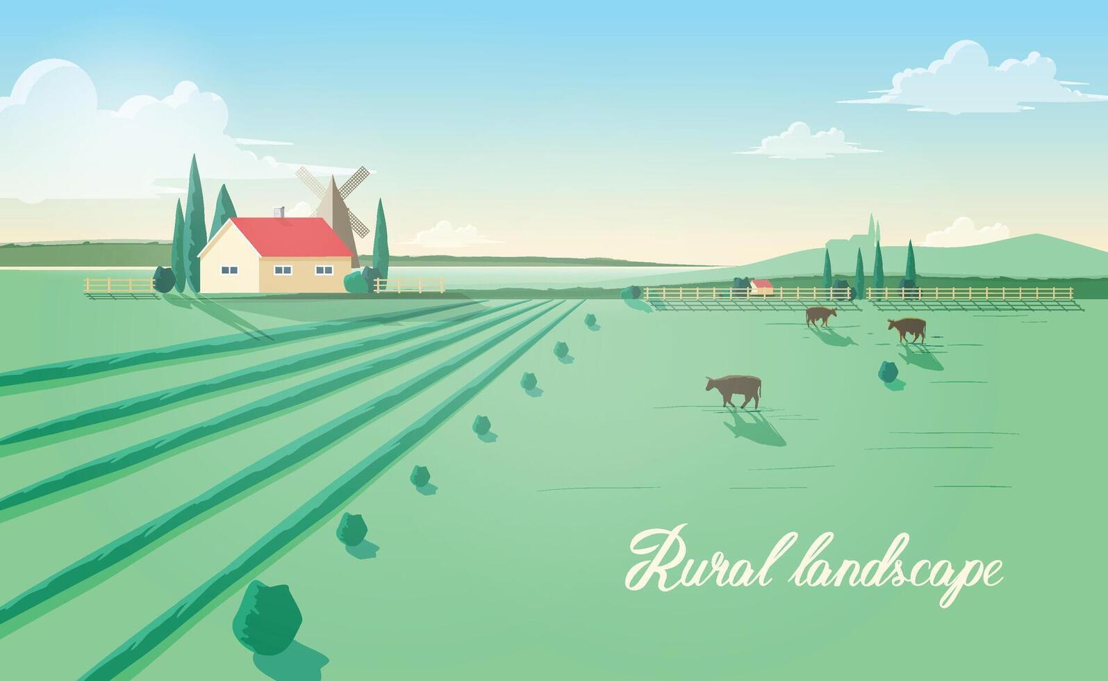 Spectacular rural landscape with farm building, windmill, cows grazing in green field against beautiful sky on background. Beautiful pastoral scenery with domestic cattle. Colored vector illustration.