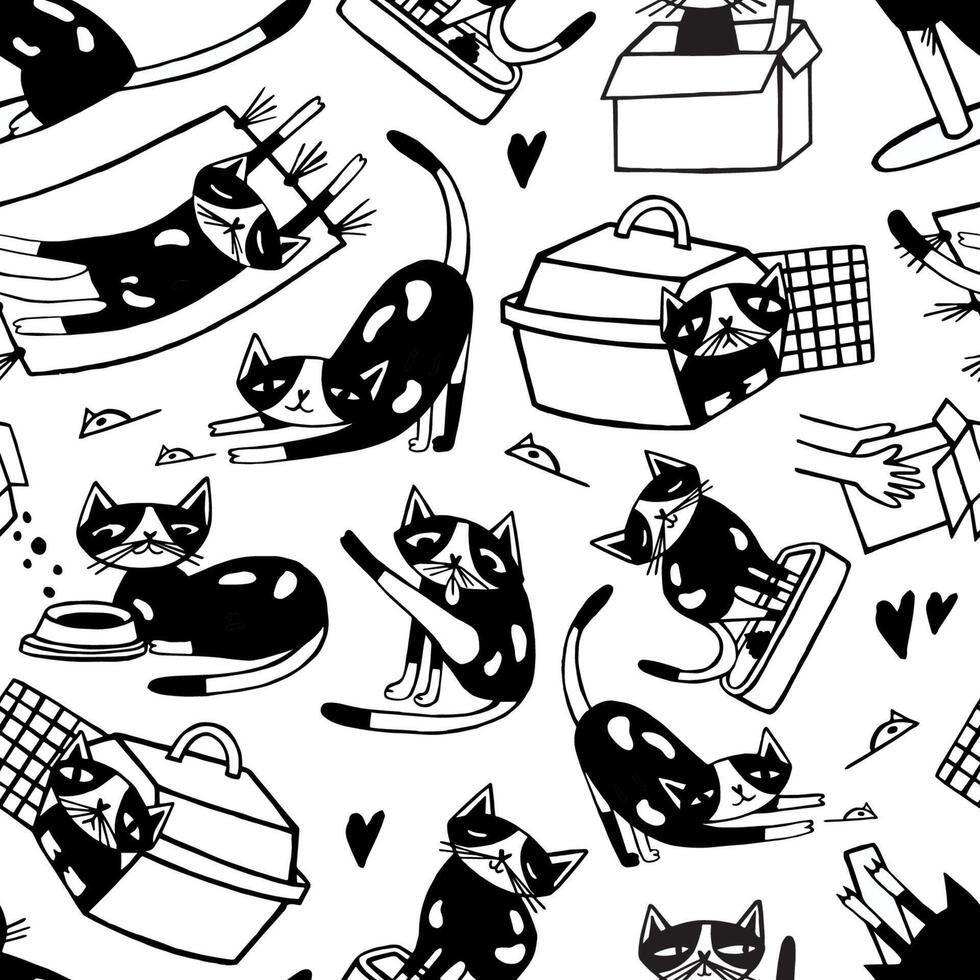 Seamless pattern with cute cat washing itself, stretching, playing, sleeping. Funny cartoon pet animal in different positions hand drawn in black and white colors. Monochrome vector illustration.