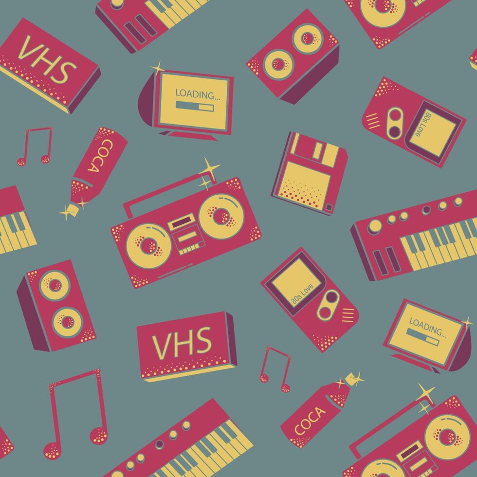 Seamless pattern with old school things. Colorful background with synthesizers, tape recorder, phone and other elements. vector