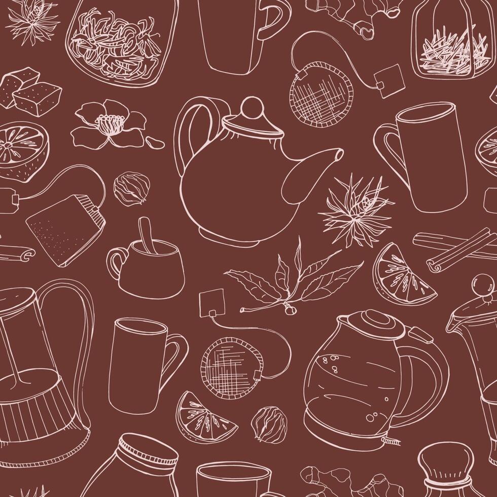 Contour seamless pattern with hand drawn tools for preparing and drinking tea - electric kettle, french press, teapot, cup, mug, sugar, lemon, herbs and spices. Vector illustration for fabric print.