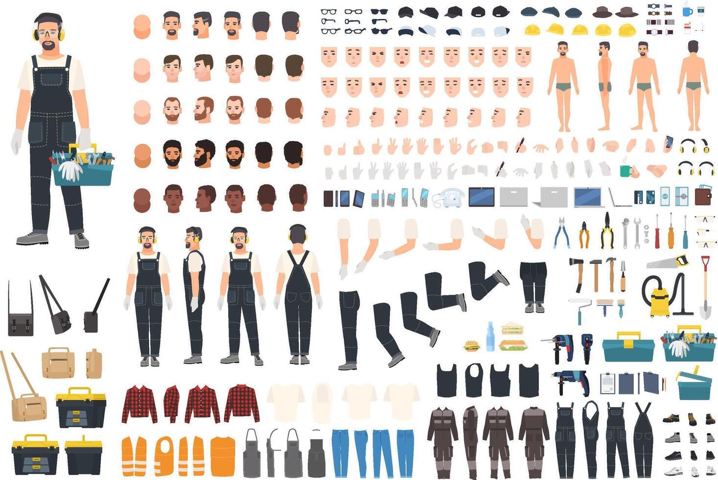 Technical worker creation kit. Set of flat male cartoon character body parts, skin types, facial gestures, clothing, working tools and accessories isolated on white background. Vector illustration.