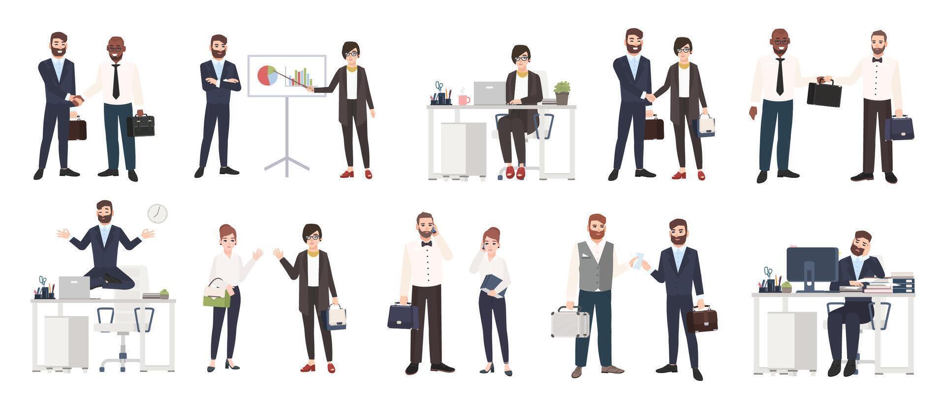 Big collection of business people or office workers dressed in smart clothing in different situations - making deal, conducting negotiation, working. Colorful cartoon characters. Vector illustration.