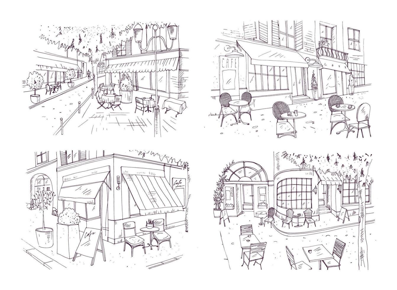 Collection of freehand sketches of outdoor cafe or restaurant with tables and chairs standing on city street beside buildings and trees. Monochrome vector illustration hand drawn with contour lines.