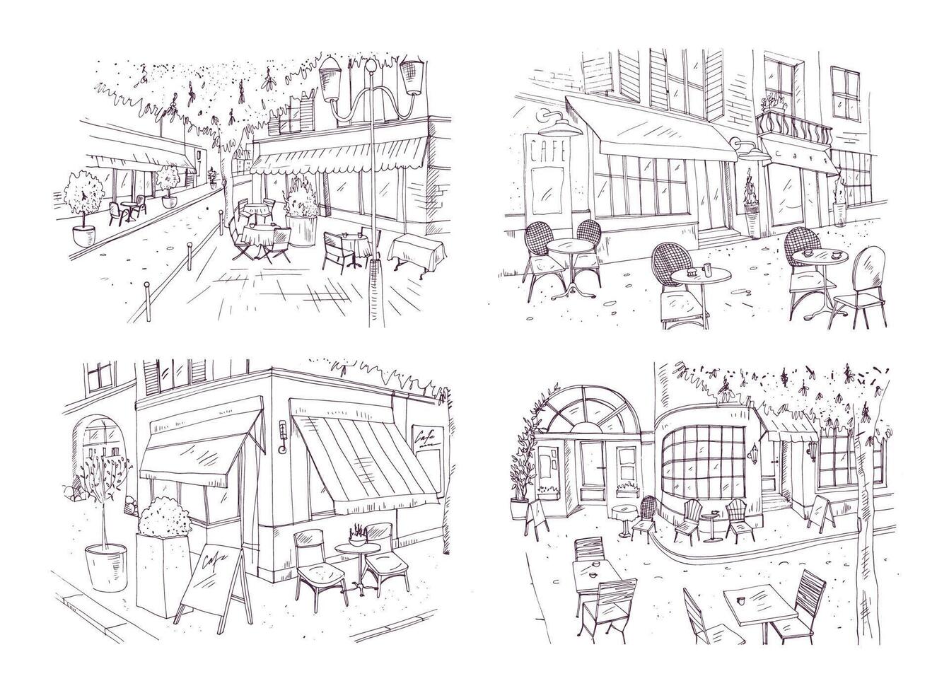 Collection of freehand sketches of outdoor cafe or restaurant with tables and chairs standing on city street beside buildings and trees. Monochrome vector illustration hand drawn with contour lines.