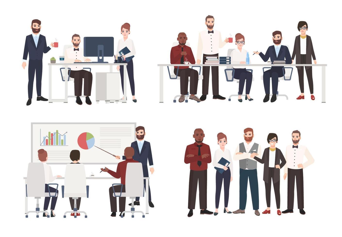 conjunto de oficina trabajadores vestido en negocio ropa en diferente situaciones - trabajando a computadora, conductible negociación, haciendo presentación. plano de colores dibujos animados caracteres. vector ilustración.