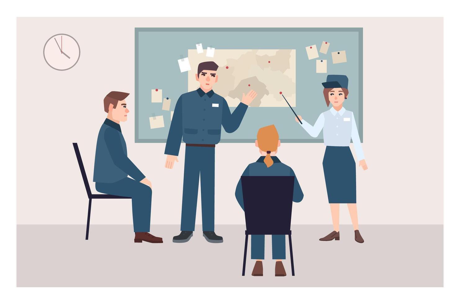 Group of male and female police officers sitting on chairs and standing beside pin board. Crime investigation process, evidence examination procedure. Flat cartoon characters. Vector illustration.